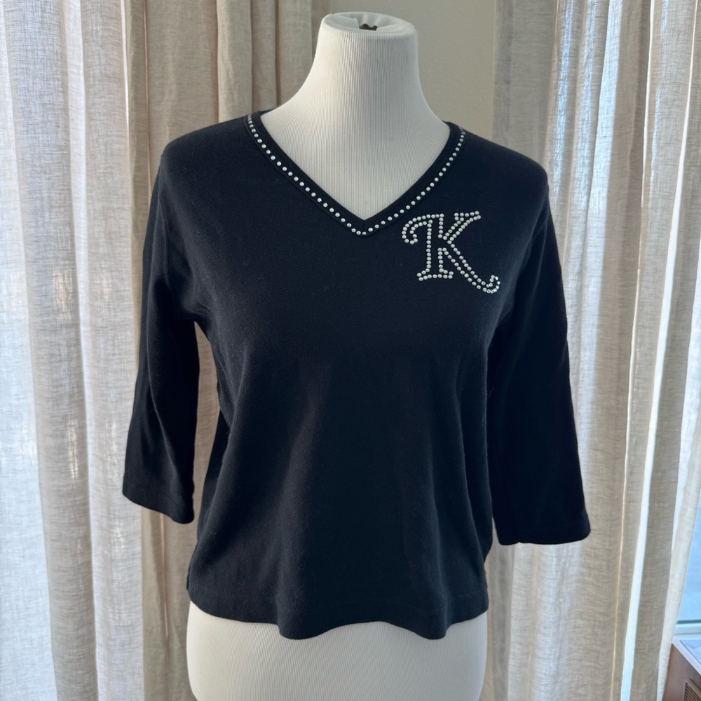 Get Lucky “K” Rhinestone 3/4 sleeve V-neck